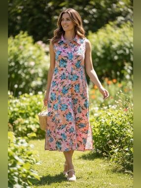 Vintage Sila Cotton Floral Sleeveless Dress - Pink & Blue
